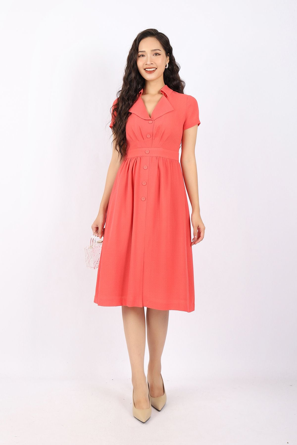 FDC33739 - Đầm công sở vải chiffon xốp dáng Xoè cổ kiểu thân đính cúc xếp mí trang trí khóa thân sau - PANTIO