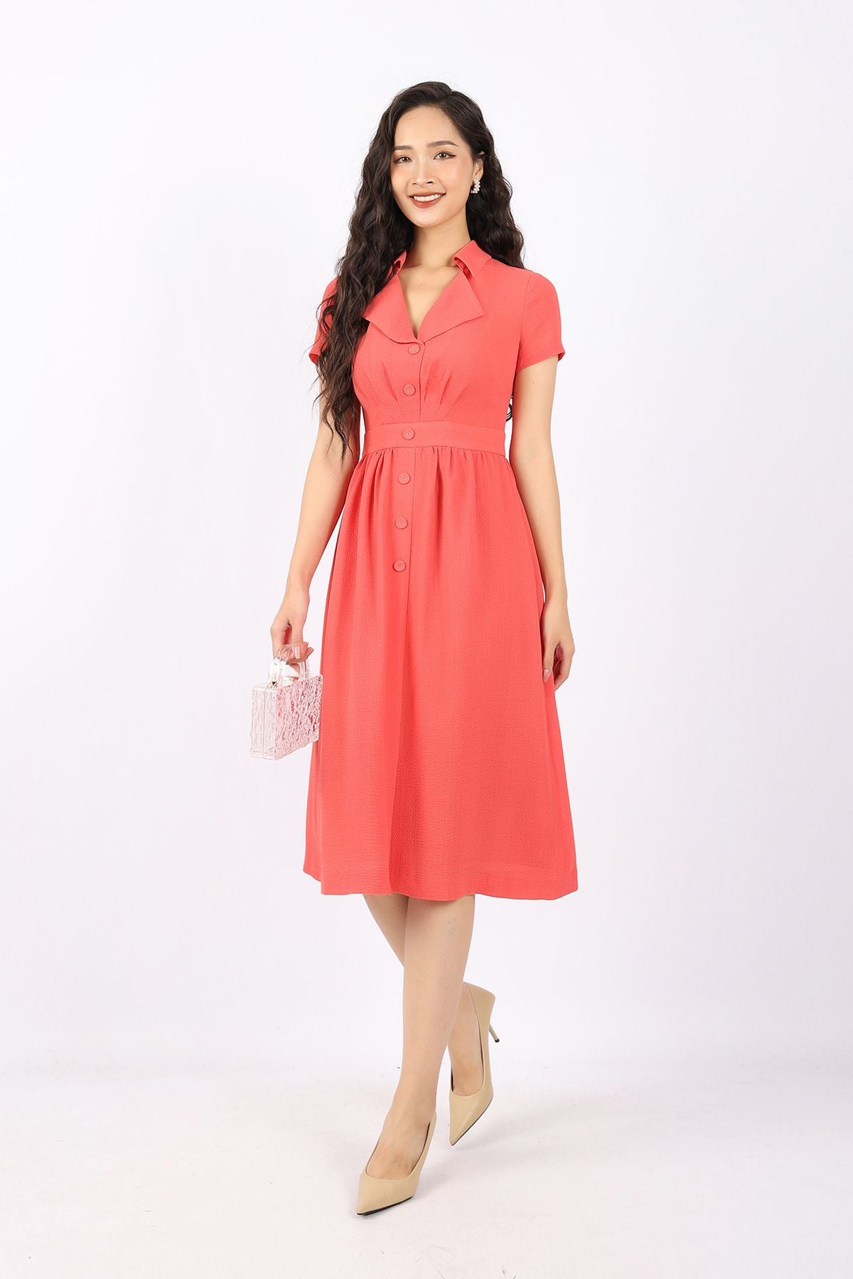 FDC33739 - Đầm công sở vải chiffon xốp dáng Xoè cổ kiểu thân đính cúc xếp mí trang trí khóa thân sau - PANTIO