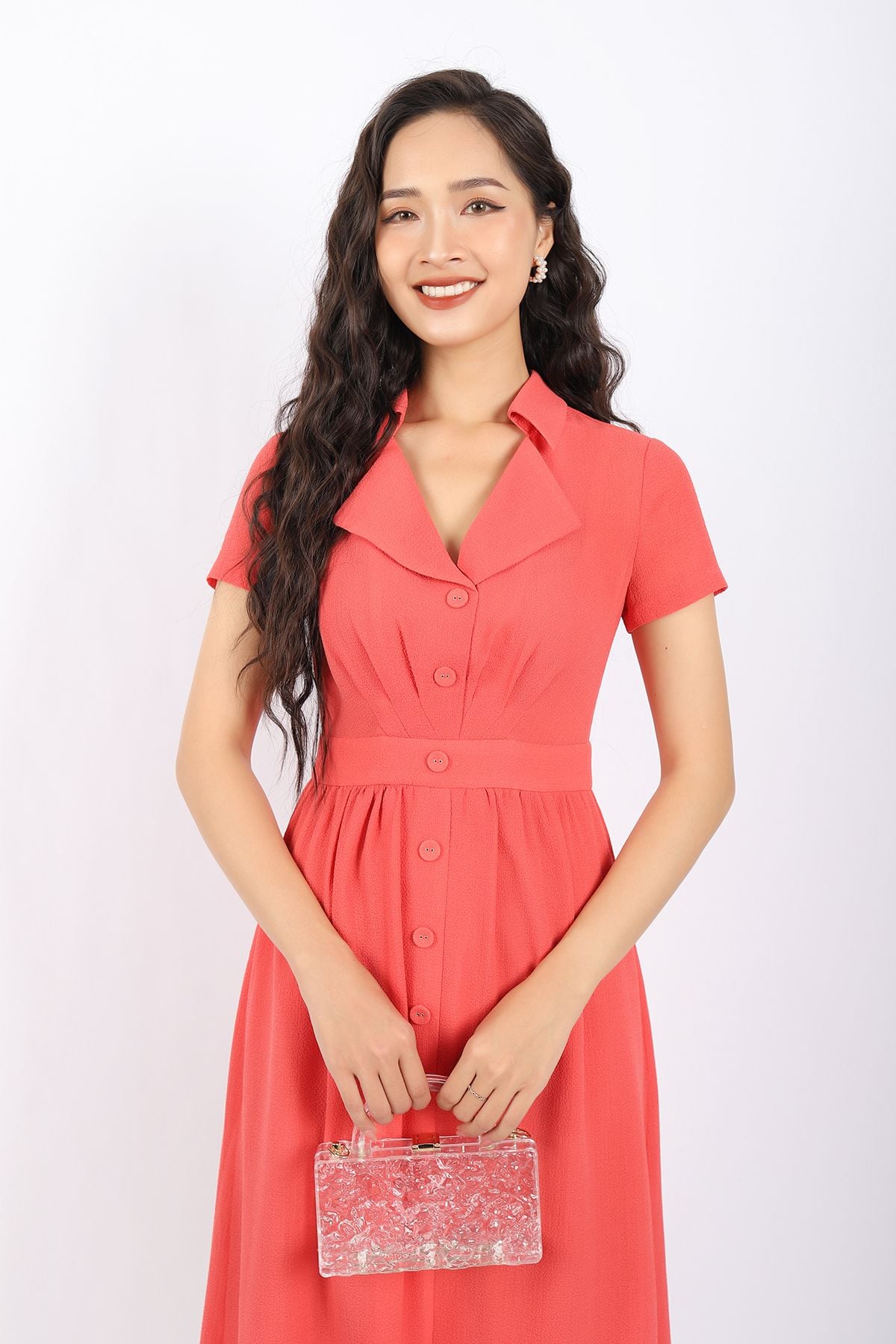 FDC33739 - Đầm công sở vải chiffon xốp dáng Xoè cổ kiểu thân đính cúc xếp mí trang trí khóa thân sau - PANTIO