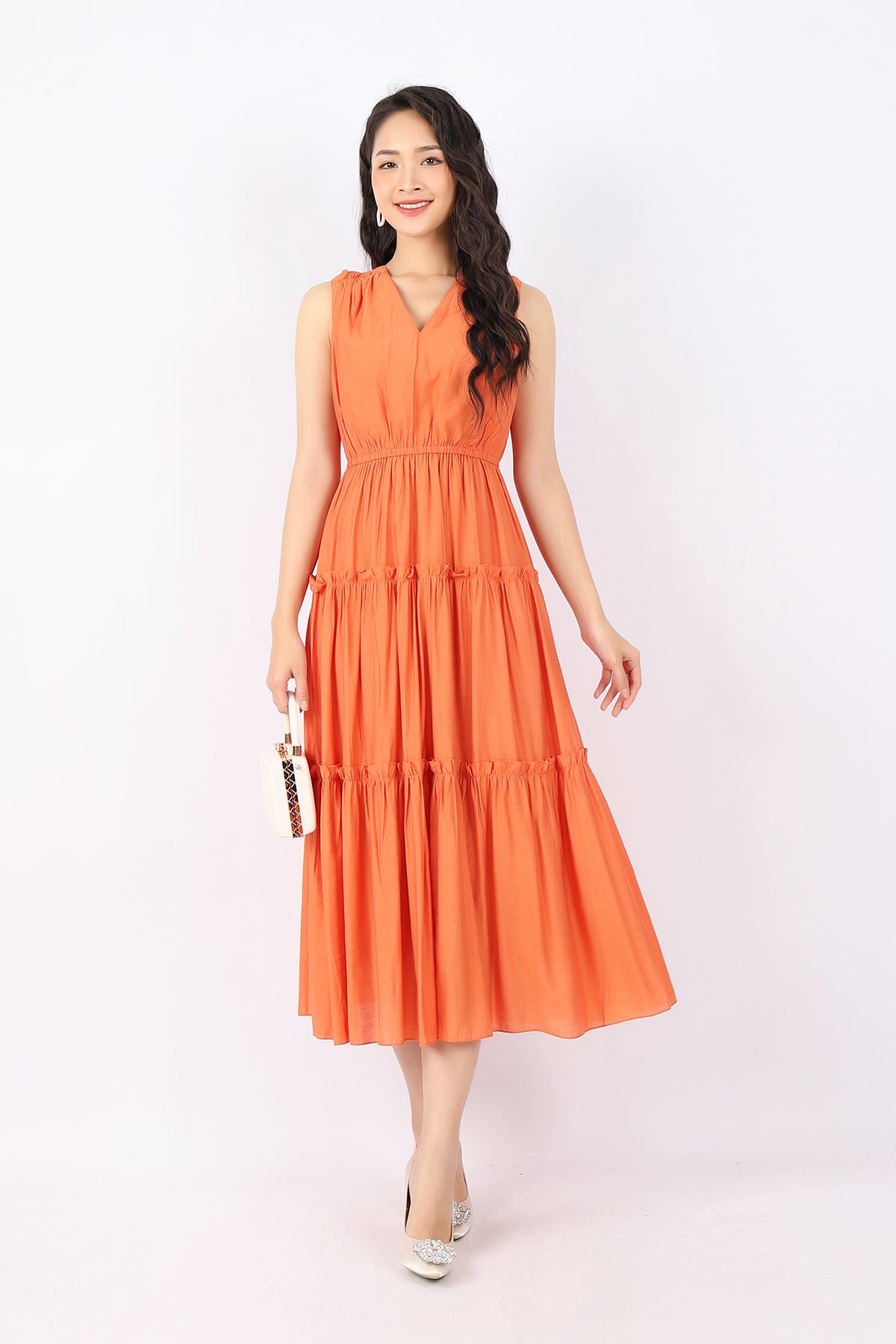 FDC33741 - Đầm dạo phố vải thô dáng Xoè cổ V vai phối bèo eo bo chun chân váy xếp tầng - PANTIO