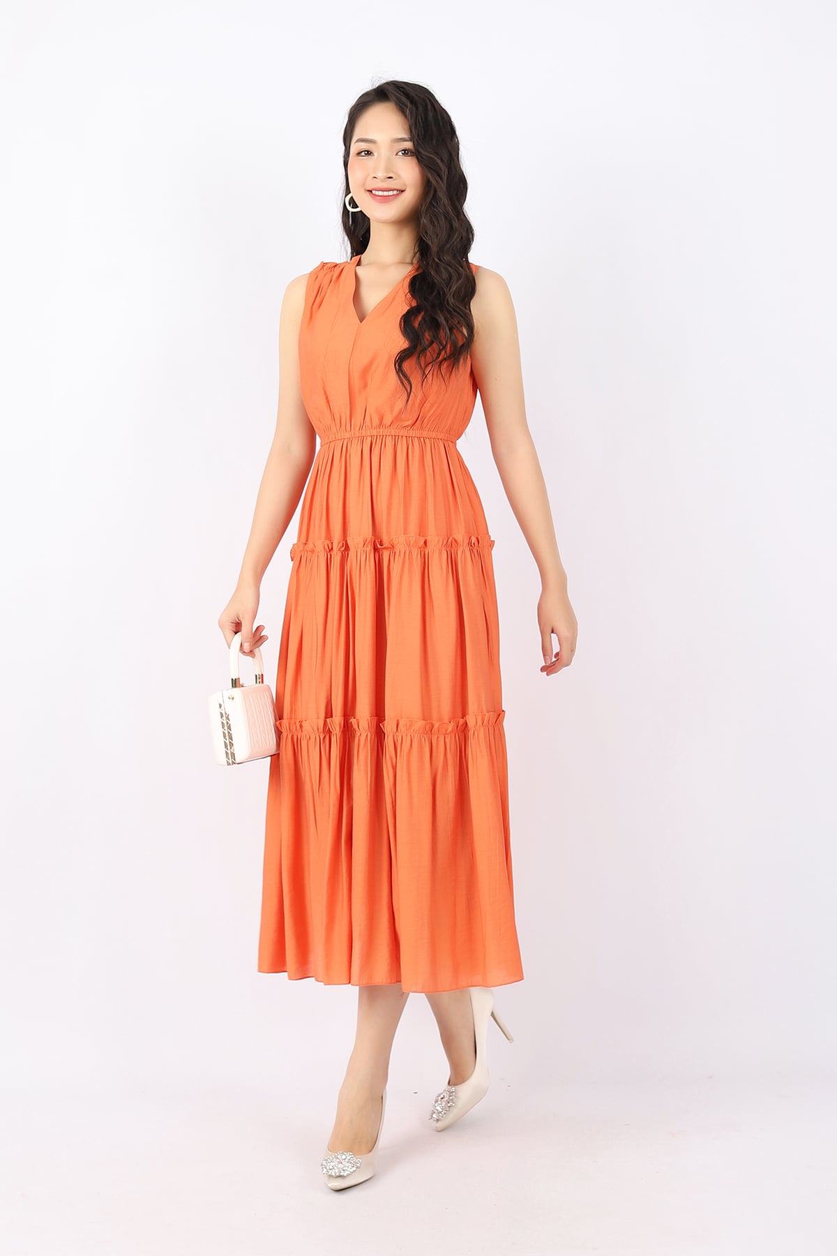 FDC33741 - Đầm dạo phố vải thô dáng Xoè cổ V vai phối bèo eo bo chun chân váy xếp tầng - PANTIO