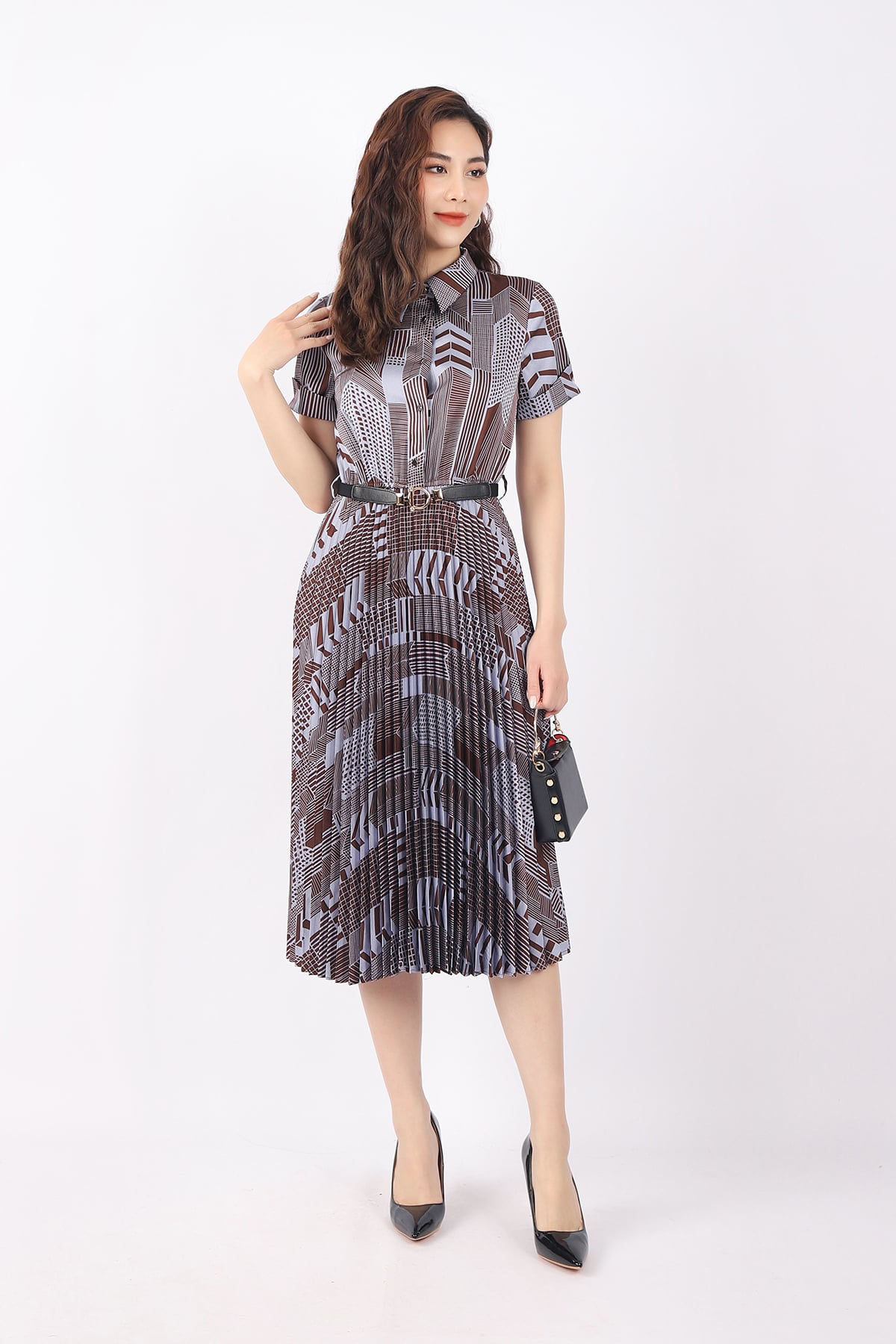 FDC33744 - Đầm công sở vải thô lụa dáng Xoè chân rập ly cổ đức cài cúc kèm thắt lưng tạo kiểu - PANTIO