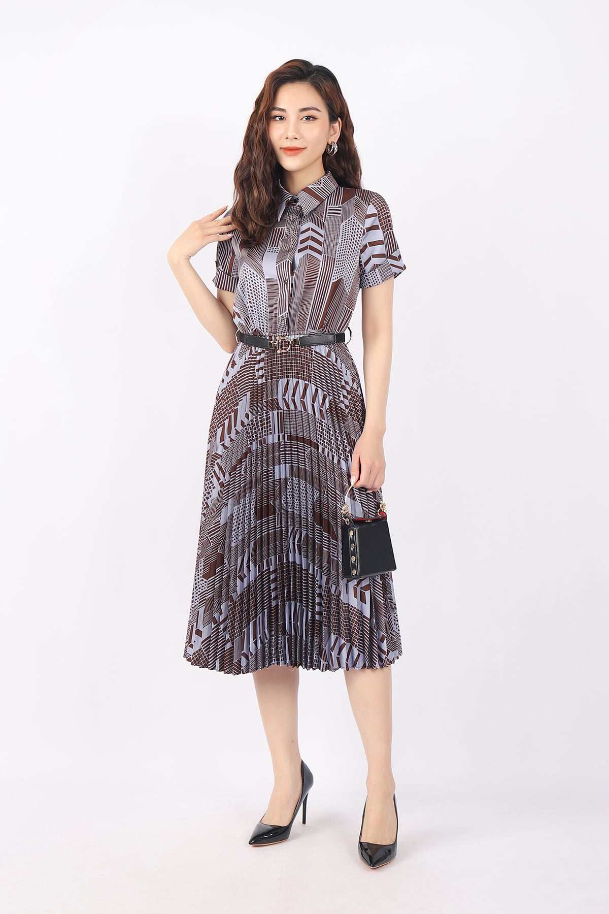 FDC33744 - Đầm công sở vải thô lụa dáng Xoè chân rập ly cổ đức cài cúc kèm thắt lưng tạo kiểu - PANTIO