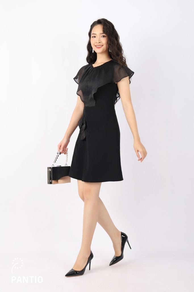 FDC33745 - Đầm công sở vải thô nhung dáng A thân ngực phối vải tơ tạo kiểu chân váy đính hoa 3D trang trí khóa thân sau - PANTIO