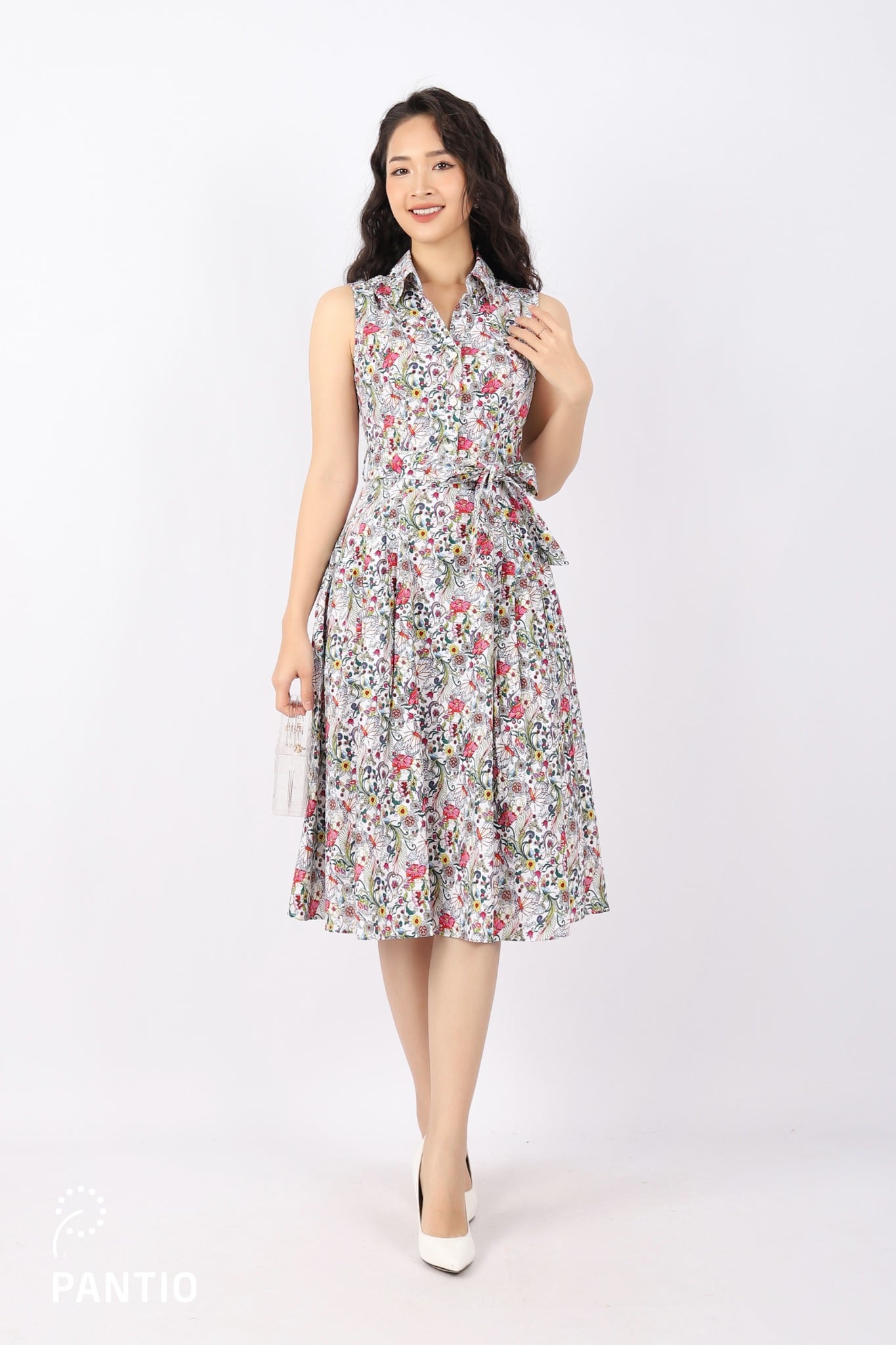 FDC33763 - Đầm công sở vải thô dáng Xoè cổ đức cài cúc kèm đai tạo kiểu chân váy xếp ly hai bên hông - PANTIO