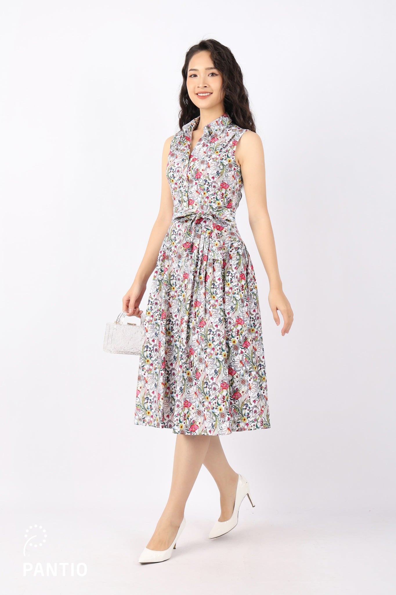 FDC33763 - Đầm công sở vải thô dáng Xoè cổ đức cài cúc kèm đai tạo kiểu chân váy xếp ly hai bên hông - PANTIO