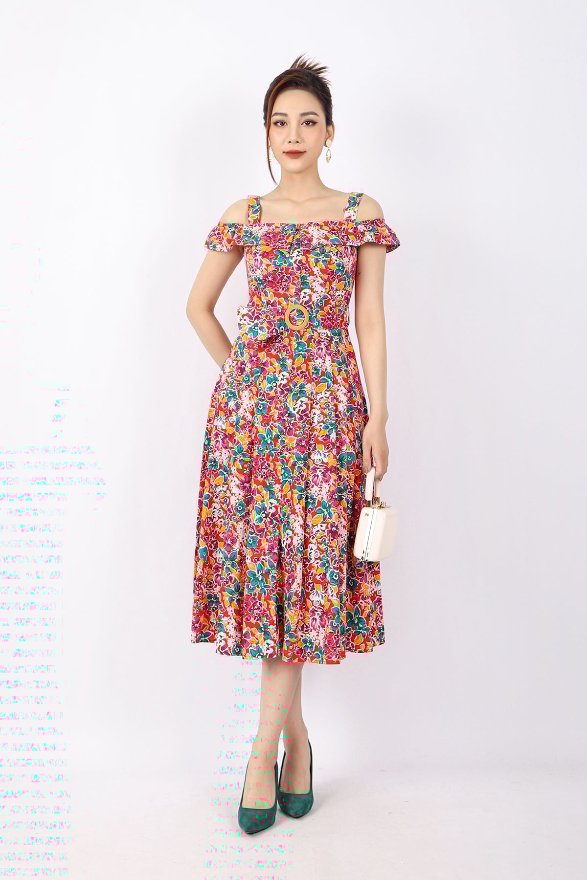 FDC33791 - Đầm dạo phố vải thô dáng Xoè hai dây vai trễ bo chun kèm đai tạo kiểu khóa thân sau - PANTIO