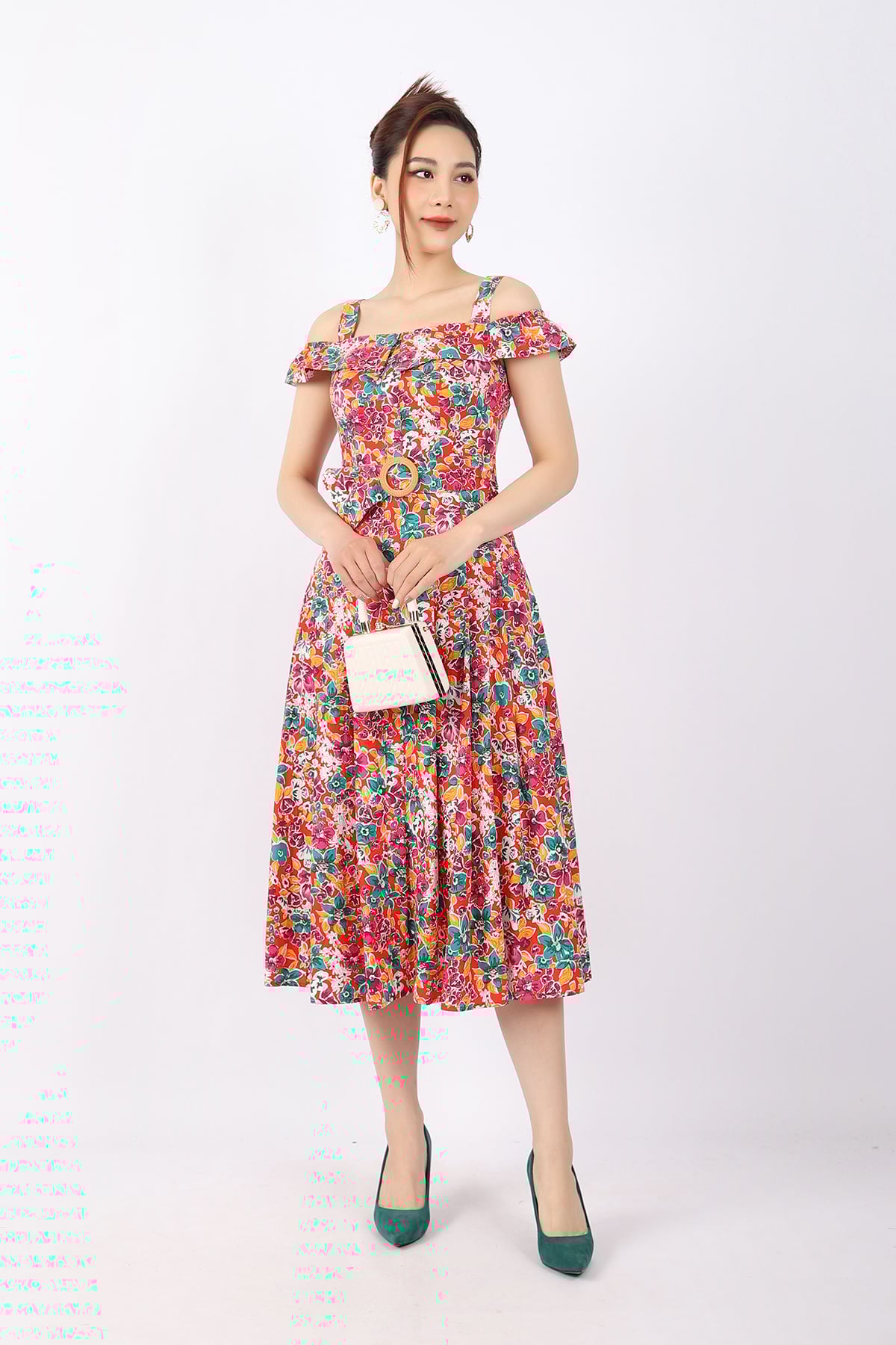 FDC33791 - Đầm dạo phố vải thô dáng Xoè hai dây vai trễ bo chun kèm đai tạo kiểu khóa thân sau - PANTIO