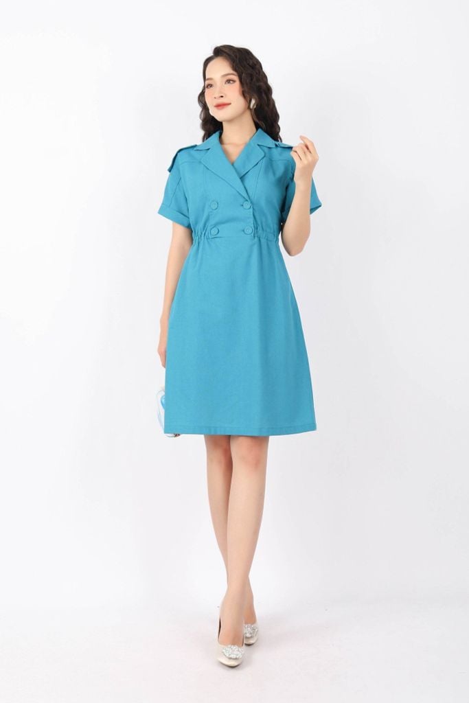 FDC33815 - Đầm công sở vải linen dáng A cổ hai ve cài cúc eo sườn phối chun tạo kiểu - PANTIO