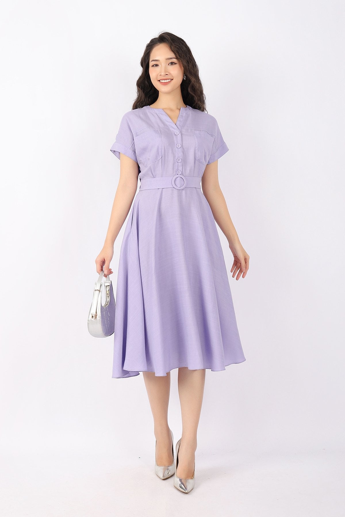 FDC33820 - Đầm công sở vải thô đũi dáng Xoè cổ tròn xẻ V cúc bọc tạo kiểu vai liền tay chờm đai trang trí - PANTIO