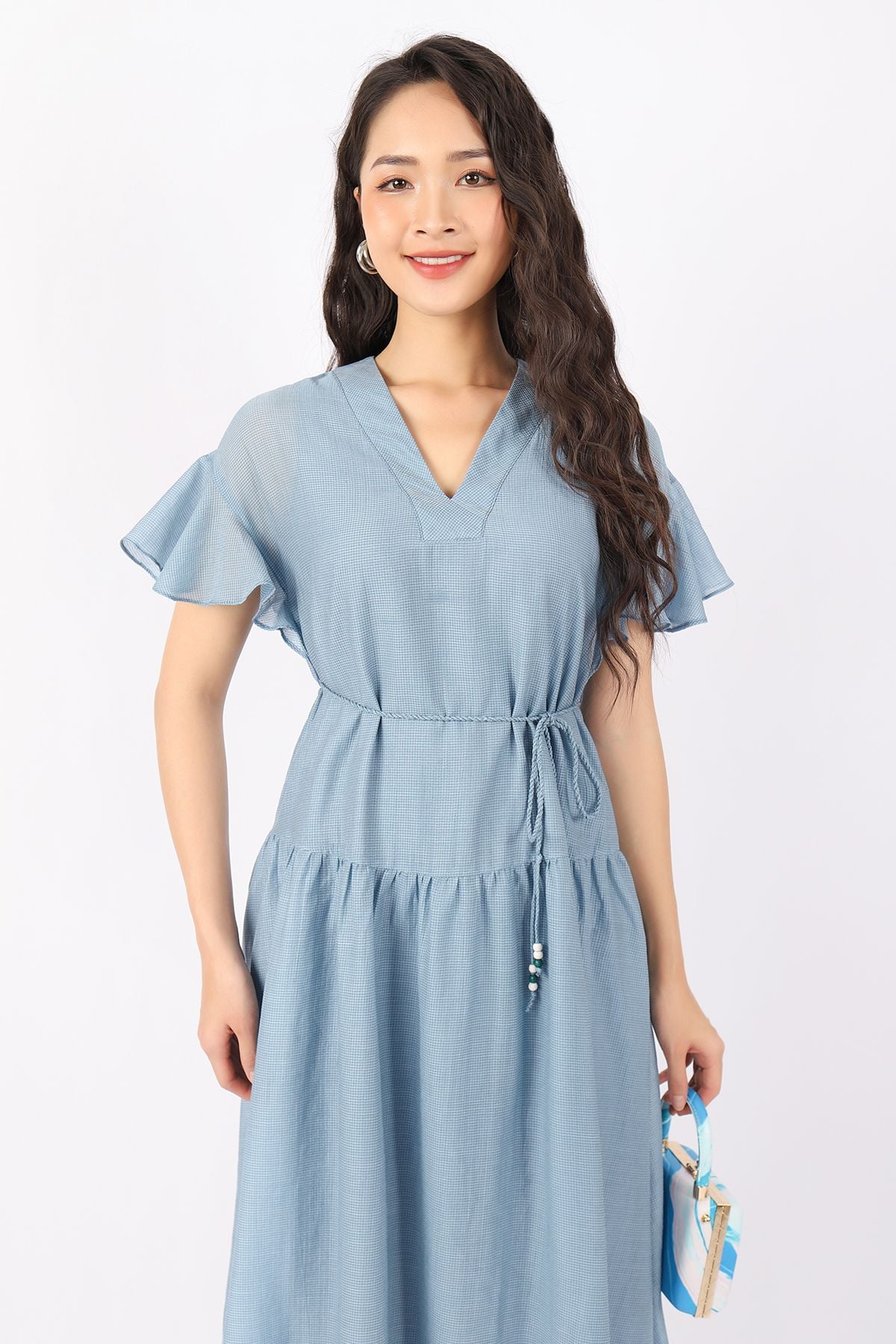 FDC33836 - Đầm công sở vải tơ dáng Xoè cổ V vai chờm tay phối bèo kèm dây tết tạo kiểu - PANTIO