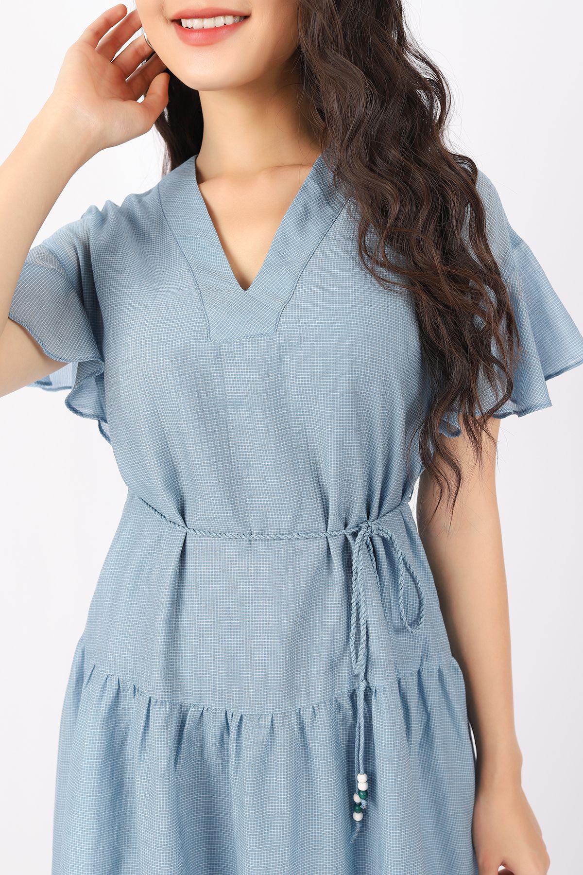 FDC33836 - Đầm công sở vải tơ dáng Xoè cổ V vai chờm tay phối bèo kèm dây tết tạo kiểu - PANTIO