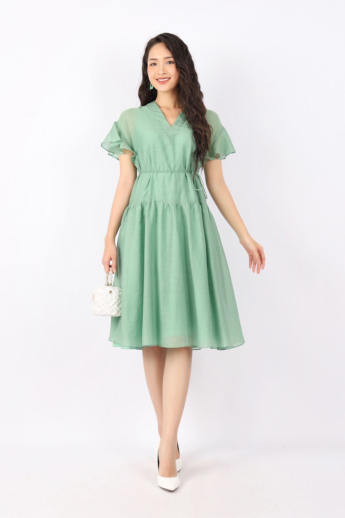 FDC33836 - Đầm công sở vải tơ dáng Xoè cổ V vai chờm tay phối bèo kèm dây tết tạo kiểu - PANTIO