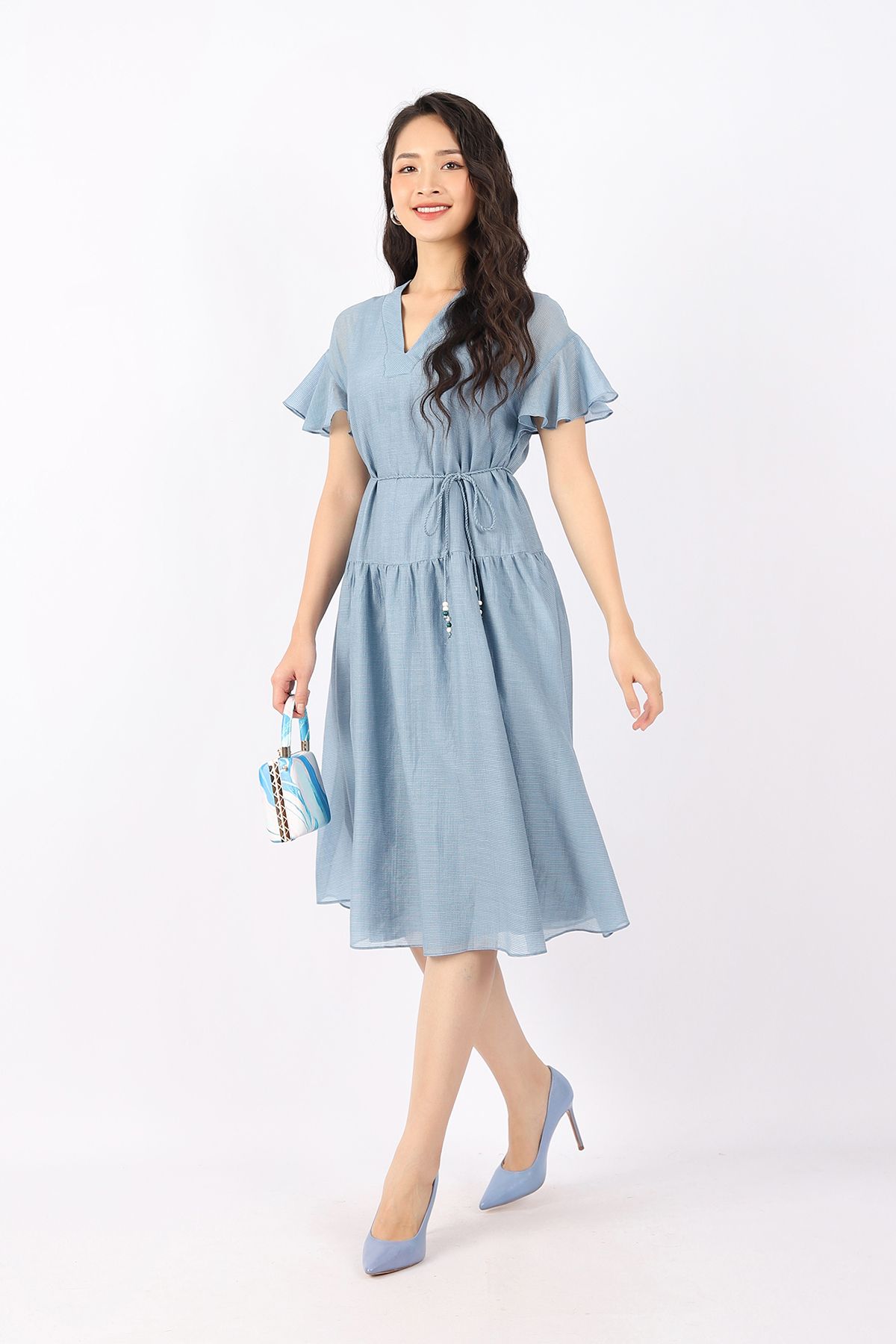 FDC33836 - Đầm công sở vải tơ dáng Xoè cổ V vai chờm tay phối bèo kèm dây tết tạo kiểu - PANTIO