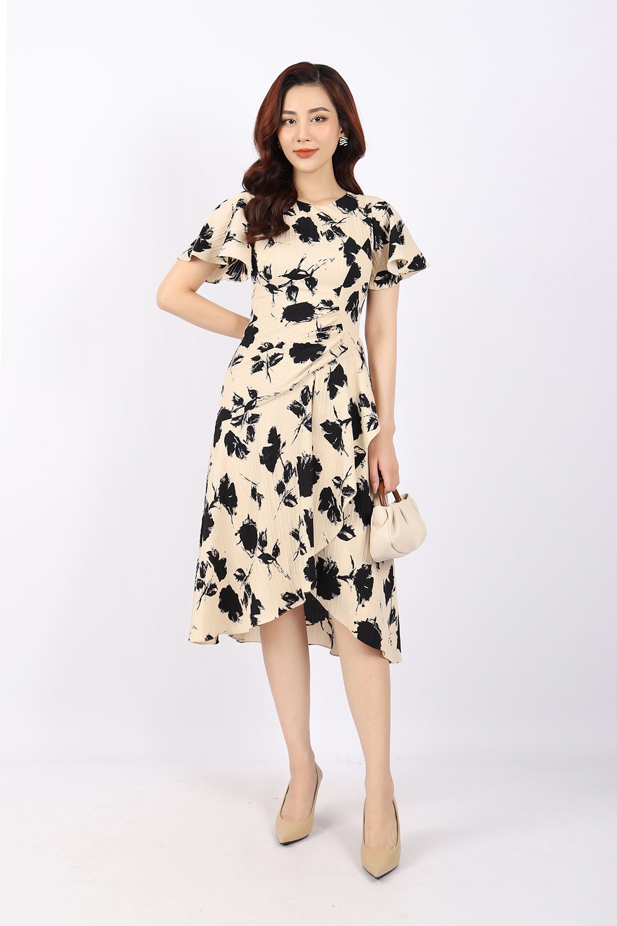 FDC33859 - Đầm công sở vải thô vân dáng Xoè đổ bèo cổ tròn tay cánh tiên thân xếp nhún tạo kiểu khóa thân sau - PANTIO