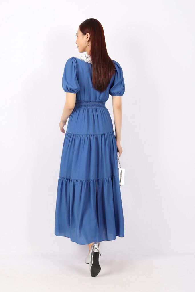 FDC33881 - Đầm dạo phố vải tơ dáng Xoè phối lá cổ ren tay bom eo bo chun tạo kiểu chân váy xếp tầng - PANTIO