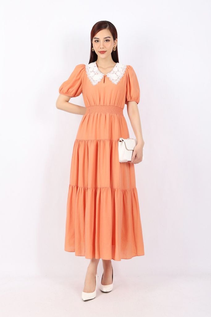 FDC33881 - Đầm dạo phố vải tơ dáng Xoè phối lá cổ ren tay bom eo bo chun tạo kiểu chân váy xếp tầng - PANTIO