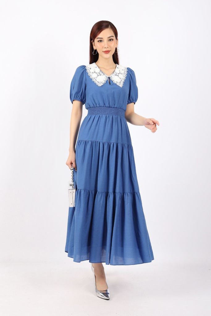 FDC33881 - Đầm dạo phố vải tơ dáng Xoè phối lá cổ ren tay bom eo bo chun tạo kiểu chân váy xếp tầng - PANTIO