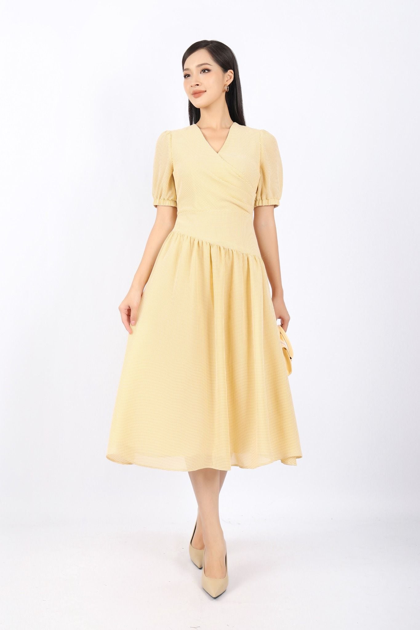 FDC33882 - Đầm công sở vải thô dáng Xoè cổ V chéo thân xếp nhún nối cạp lệch khóa thân sau - PANTIO