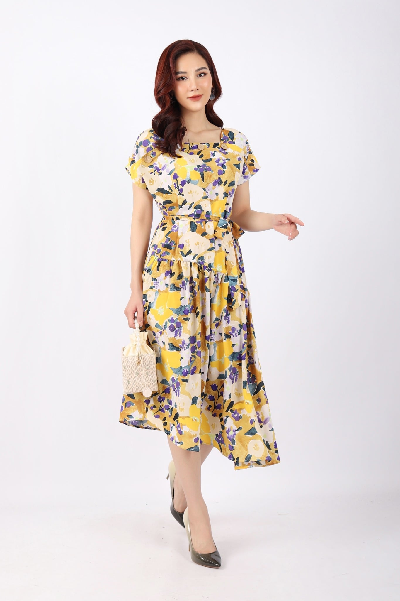 FDC33901 - Đầm công sở vải lụa dáng Xoè cổ vuông vai liền tay chờm vạt nhún chéo kèm đai tạo kiểu - PANTIO