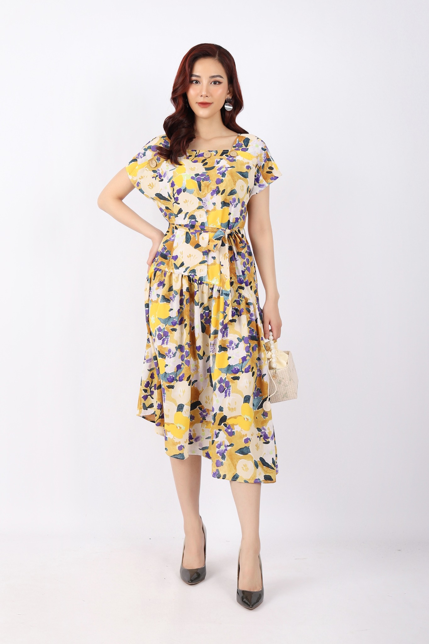 FDC33901 - Đầm công sở vải lụa dáng Xoè cổ vuông vai liền tay chờm vạt nhún chéo kèm đai tạo kiểu - PANTIO