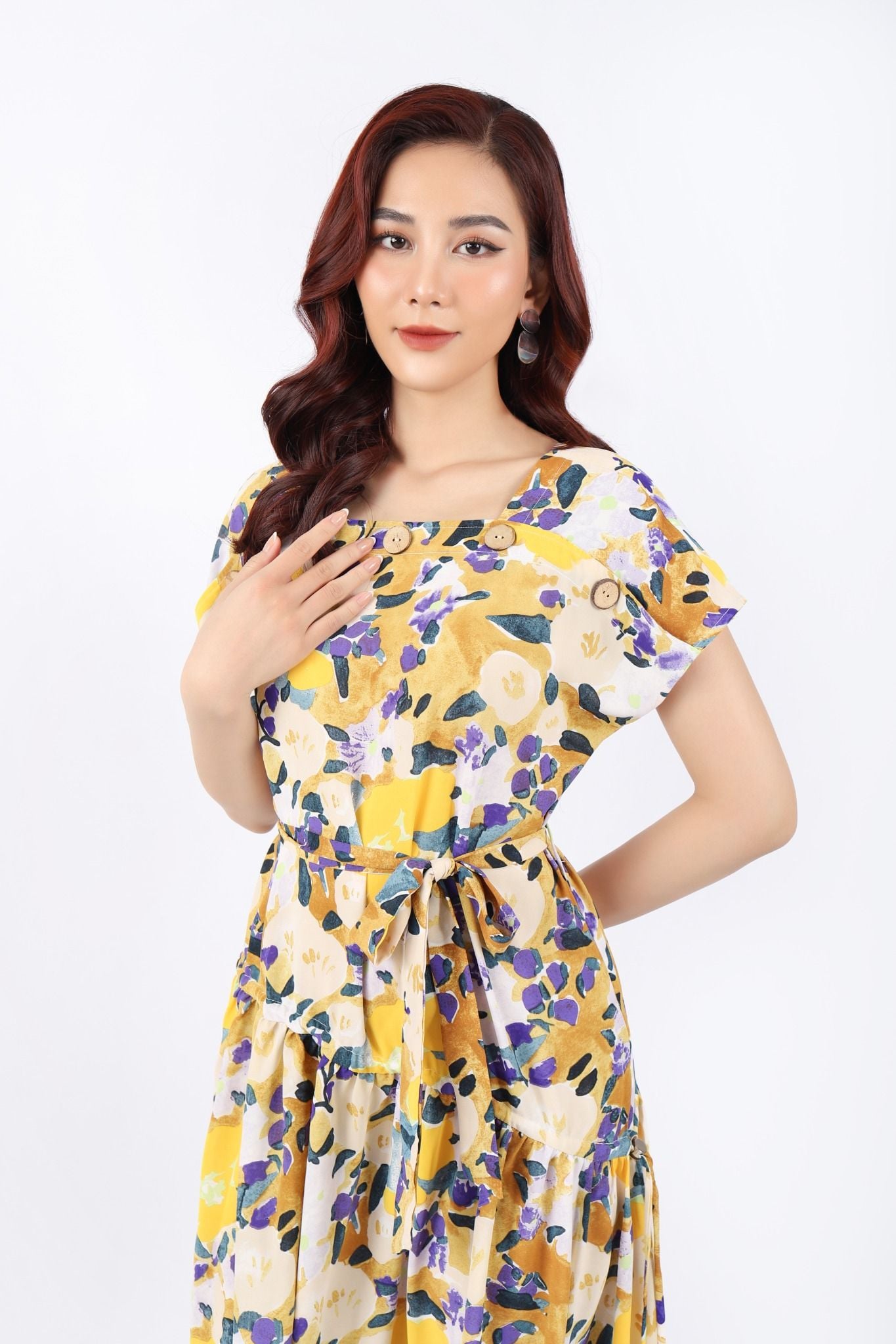 FDC33901 - Đầm công sở vải lụa dáng Xoè cổ vuông vai liền tay chờm vạt nhún chéo kèm đai tạo kiểu - PANTIO