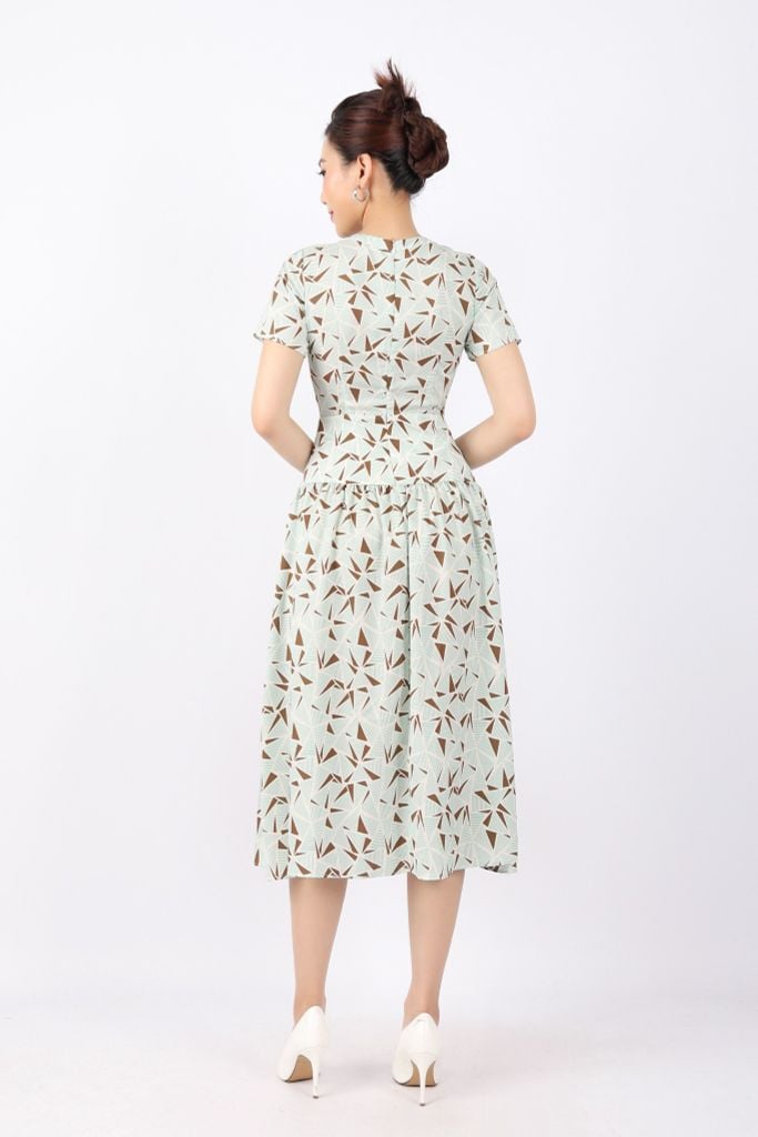 FDC33904 - Đầm công sở vải thô lụa dáng Xoè cổ tròn đính nơ vai nhún thân phối nẹp đính khuy trang trí khóa thân sau - PANTIO