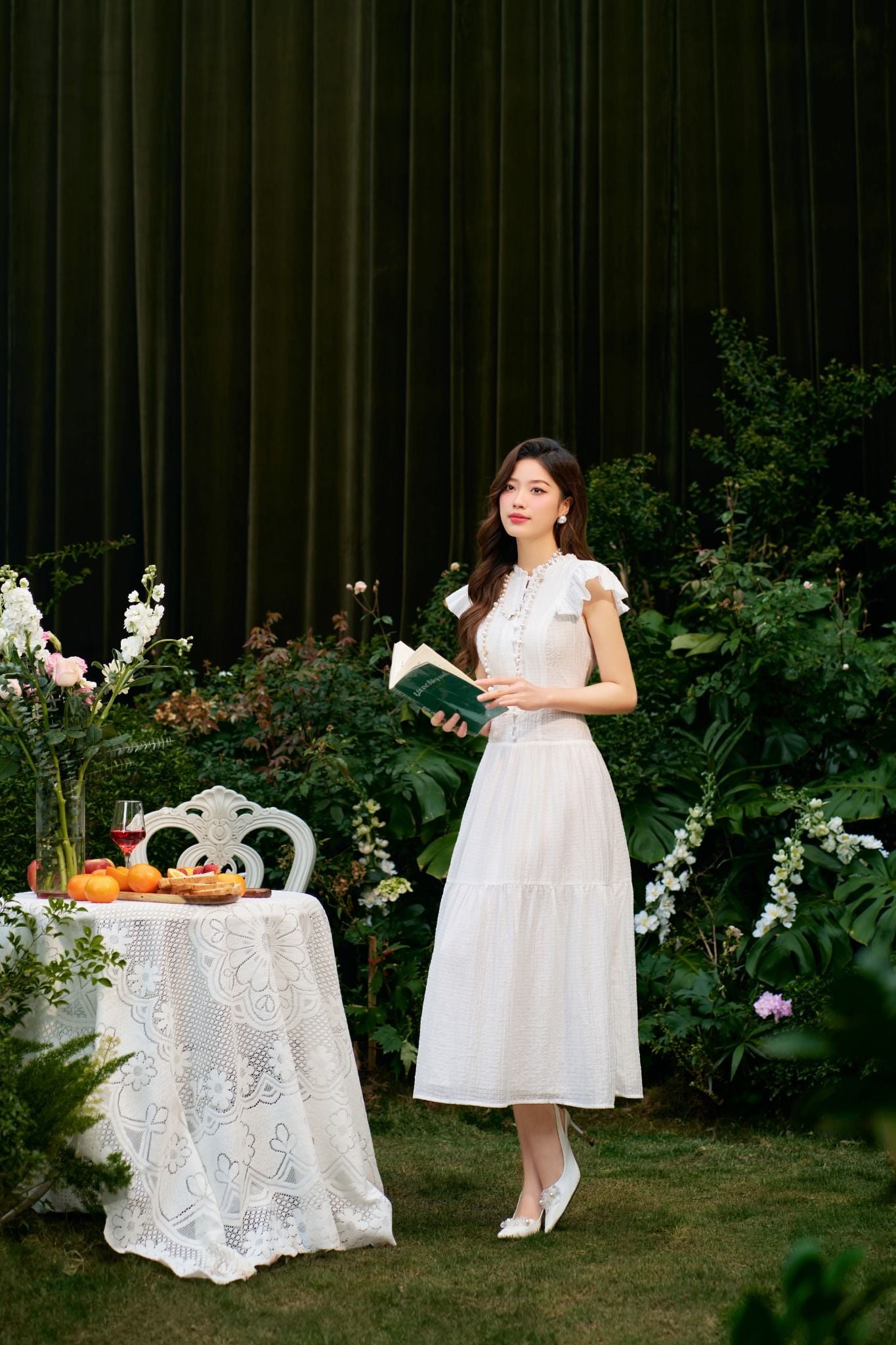 FDC34036 - Đầm công sở vải tơ dáng xòe có lót vải habutai cổ nhún tay bèo thân phối cúc bọc tạo kiểu khóa thân sau - PANTIO