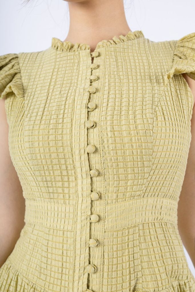 FDC34036 - Đầm công sở vải tơ dáng xòe có lót vải habutai cổ nhún tay bèo thân phối cúc bọc tạo kiểu khóa thân sau - PANTIO