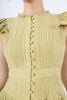 FDC34036 - Đầm công sở vải tơ dáng xòe có lót vải habutai cổ nhún tay bèo thân phối cúc bọc tạo kiểu khóa thân sau - PANTIO