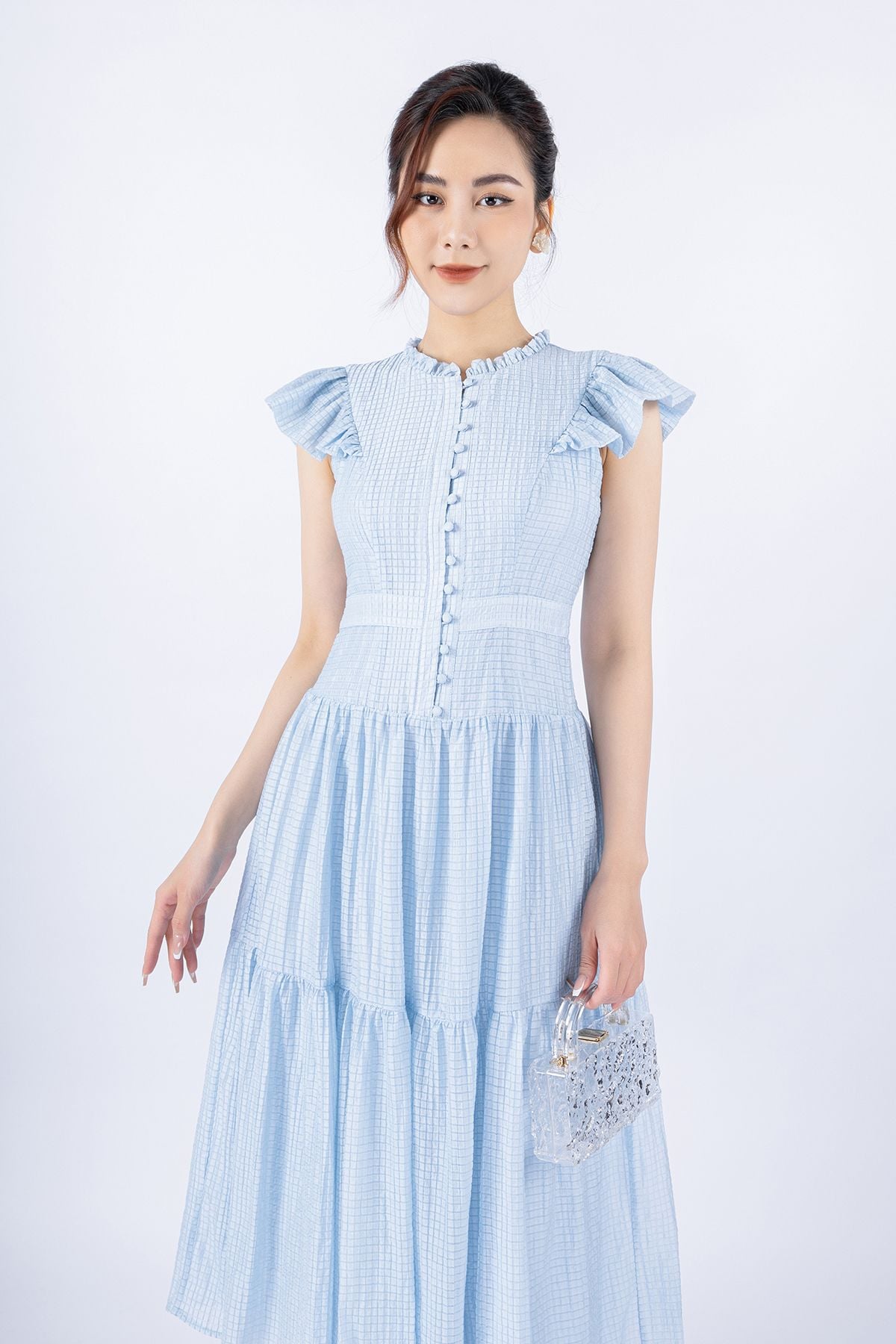 FDC34036 - Đầm công sở vải tơ dáng xòe có lót vải habutai cổ nhún tay bèo thân phối cúc bọc tạo kiểu khóa thân sau - PANTIO