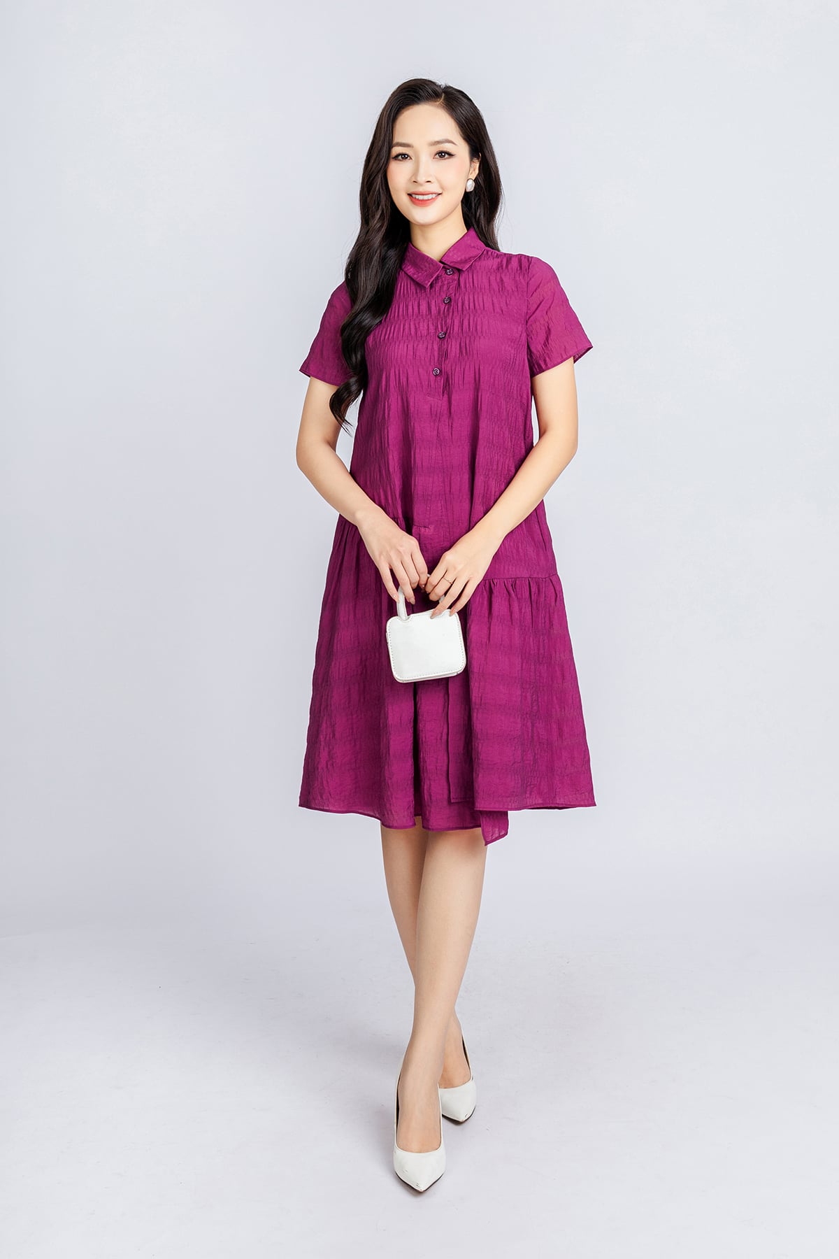 FDC34045 - Đầm công sở vải thô dáng suông có lót habutai cổ đức lệch phối nẹp khuy tạo kiểu - PANTIO