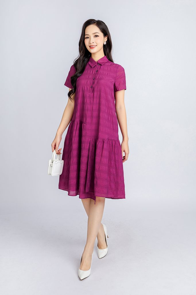 FDC34045 - Đầm công sở vải thô dáng suông có lót habutai cổ đức lệch phối nẹp khuy tạo kiểu - PANTIO