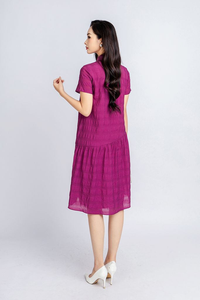 FDC34045 - Đầm công sở vải thô dáng suông có lót habutai cổ đức lệch phối nẹp khuy tạo kiểu - PANTIO