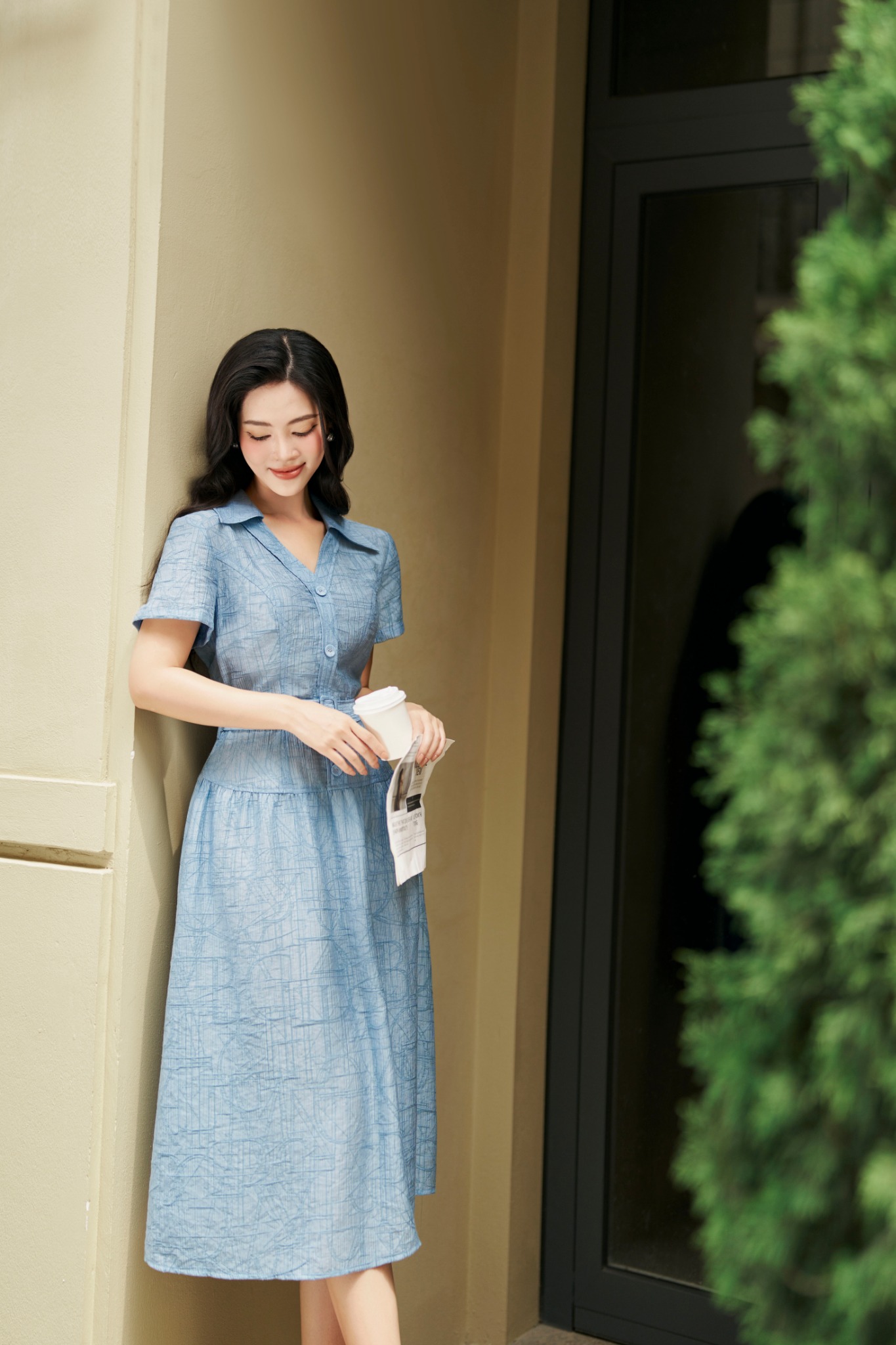 FDC34064 - tỷ lệ kèo 8899 vải thô vân dáng xòe cổ đức xẻ V đính cúc kèm đai tạo kiểu - tỷ lệ kèo 8899
