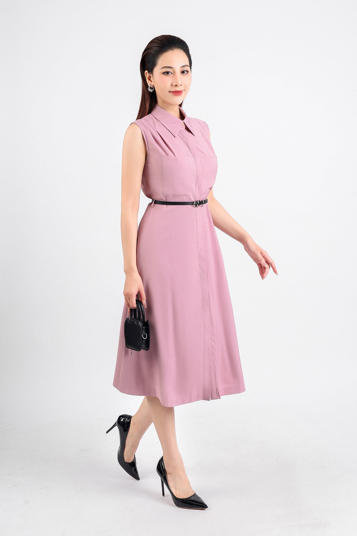 FDC34077 - Đầm công sở vải thô dáng xoè dài hai lớp lót habutai cổ đức phối khuy trang trí vai xếp ly cài khuy thân trước - PANTIO