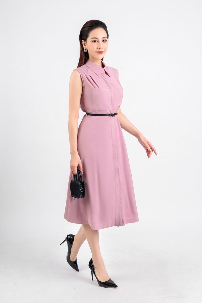 FDC34077 - Đầm công sở vải thô dáng xoè dài hai lớp lót habutai cổ đức phối khuy trang trí vai xếp ly cài khuy thân trước - PANTIO