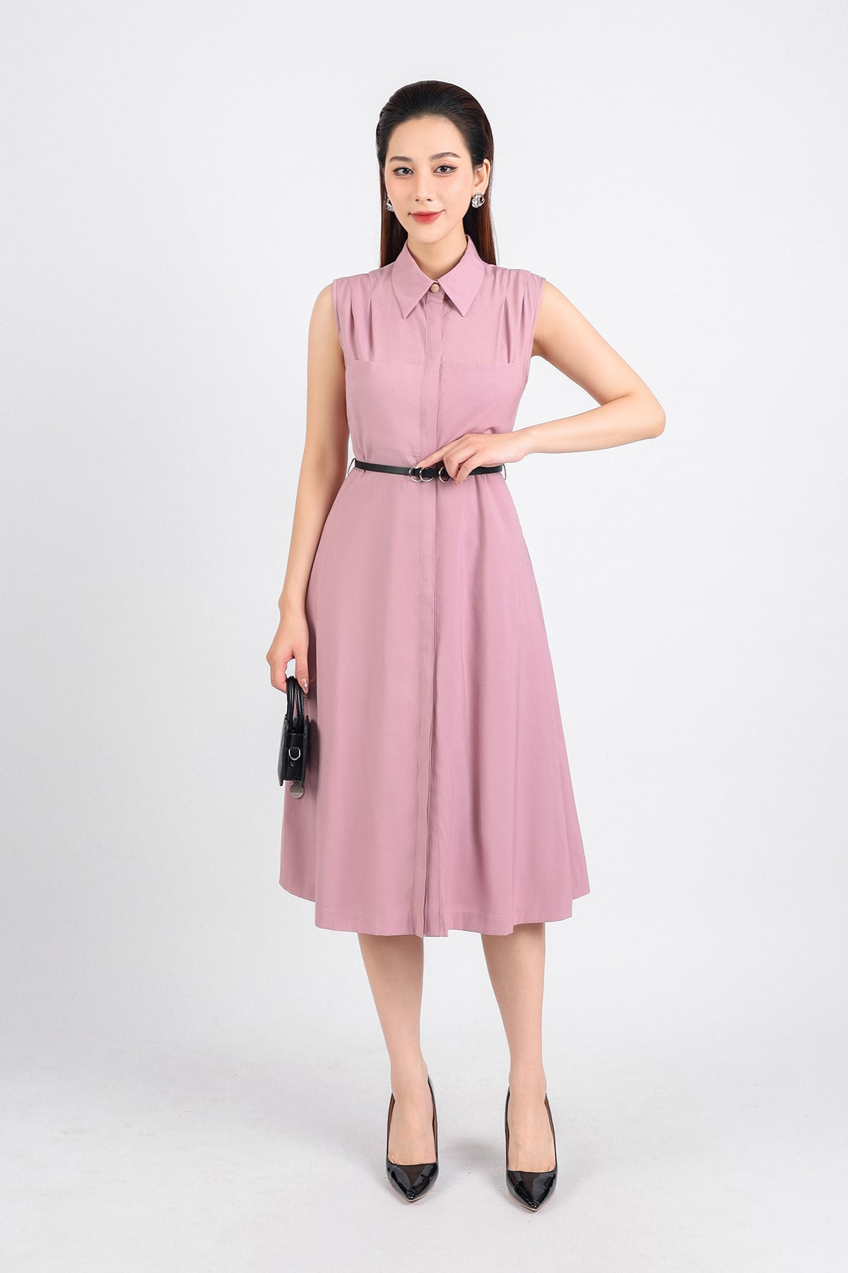 FDC34077 - Đầm công sở vải thô dáng xoè dài hai lớp lót habutai cổ đức phối khuy trang trí vai xếp ly cài khuy thân trước - PANTIO