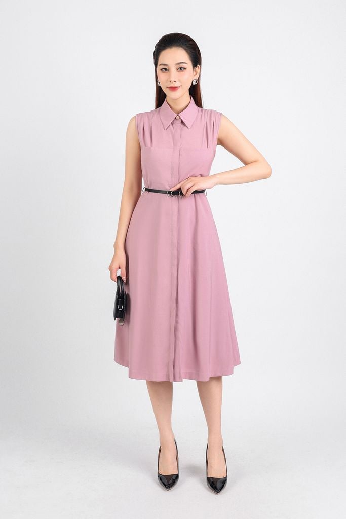 FDC34077 - Đầm công sở vải thô dáng xoè dài hai lớp lót habutai cổ đức phối khuy trang trí vai xếp ly cài khuy thân trước - PANTIO