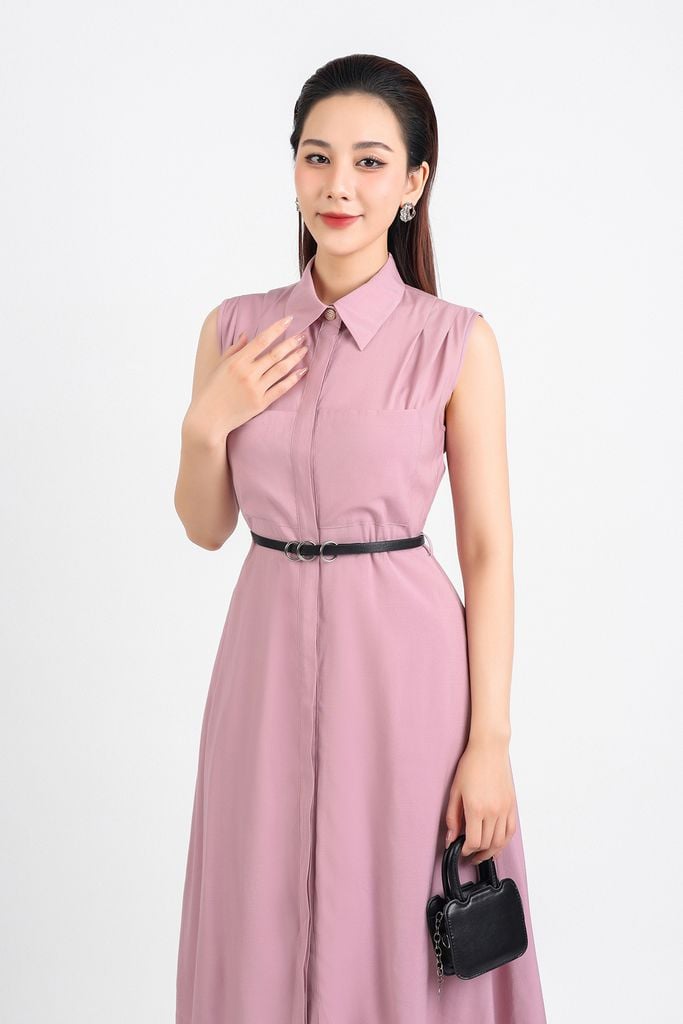 FDC34077 - Đầm công sở vải thô dáng xoè dài hai lớp lót habutai cổ đức phối khuy trang trí vai xếp ly cài khuy thân trước - PANTIO