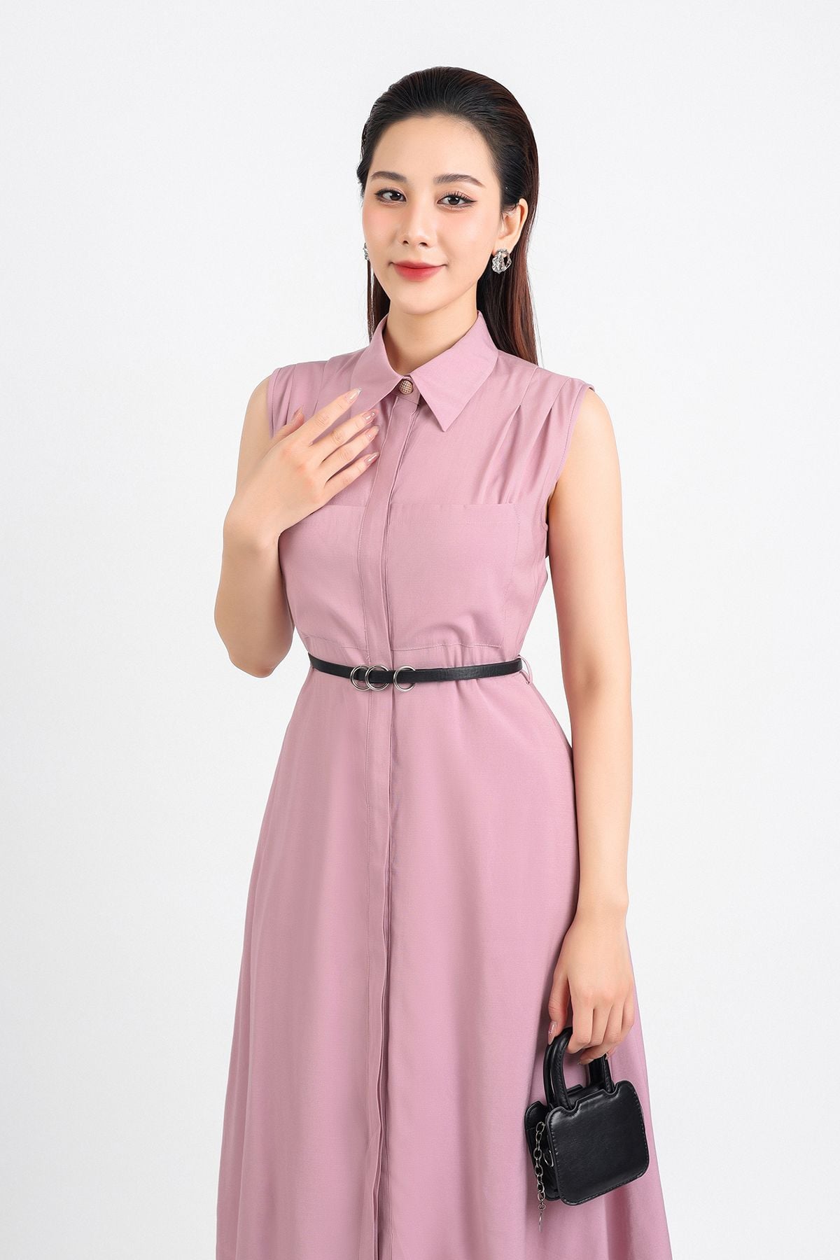 FDC34077 - Đầm công sở vải thô dáng xoè dài hai lớp lót habutai cổ đức phối khuy trang trí vai xếp ly cài khuy thân trước - PANTIO