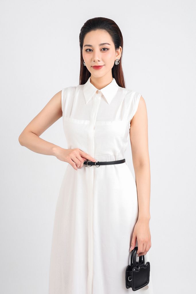 FDC34077 - Đầm công sở vải thô dáng xoè dài hai lớp lót habutai cổ đức phối khuy trang trí vai xếp ly cài khuy thân trước - PANTIO