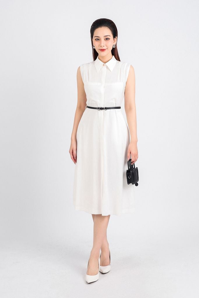 FDC34077 - Đầm công sở vải thô dáng xoè dài hai lớp lót habutai cổ đức phối khuy trang trí vai xếp ly cài khuy thân trước - PANTIO