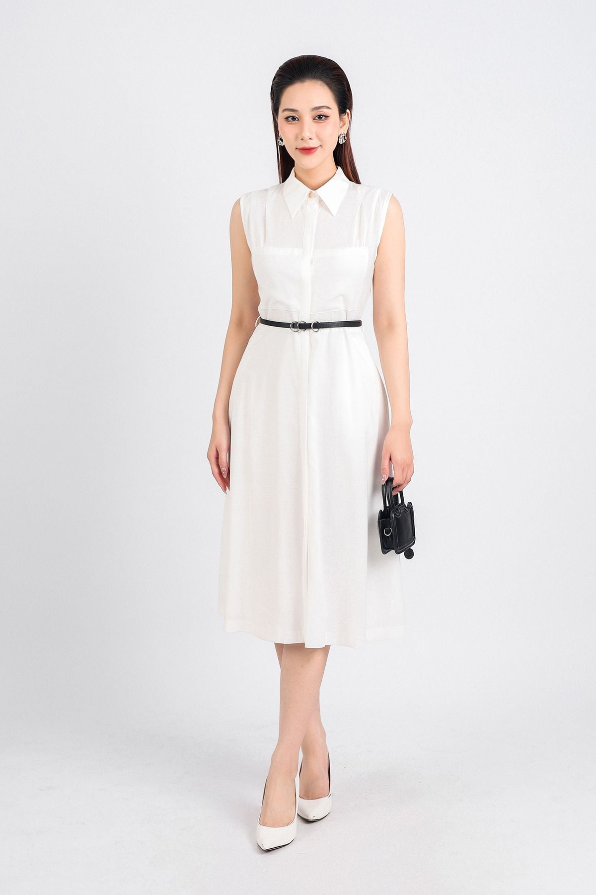 FDC34077 - Đầm công sở vải thô dáng xoè dài hai lớp lót habutai cổ đức phối khuy trang trí vai xếp ly cài khuy thân trước - PANTIO