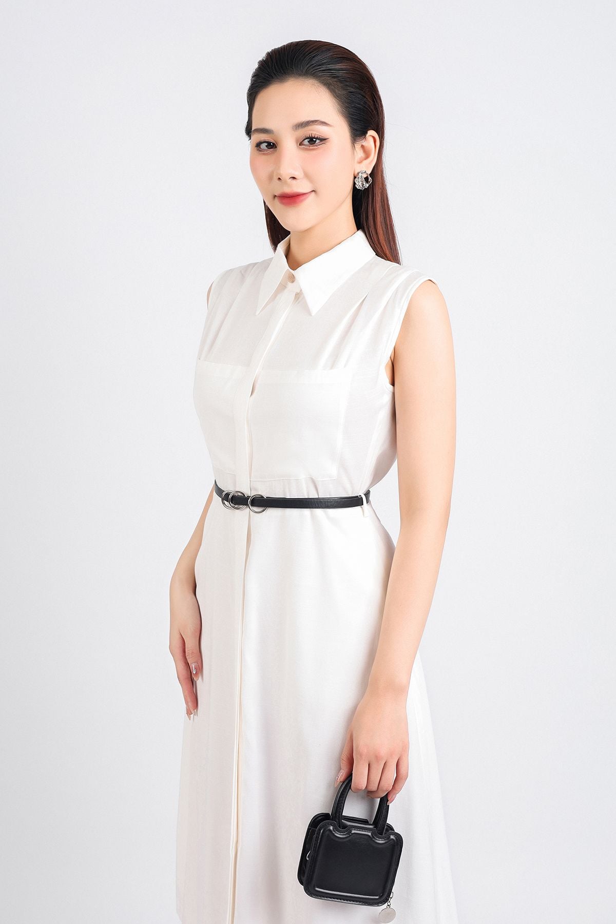 FDC34077 - Đầm công sở vải thô dáng xoè dài hai lớp lót habutai cổ đức phối khuy trang trí vai xếp ly cài khuy thân trước - PANTIO