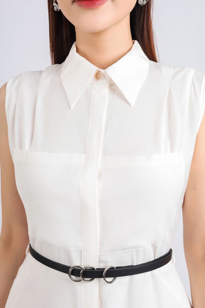 FDC34077 - Đầm công sở vải thô dáng xoè dài hai lớp lót habutai cổ đức phối khuy trang trí vai xếp ly cài khuy thân trước - PANTIO