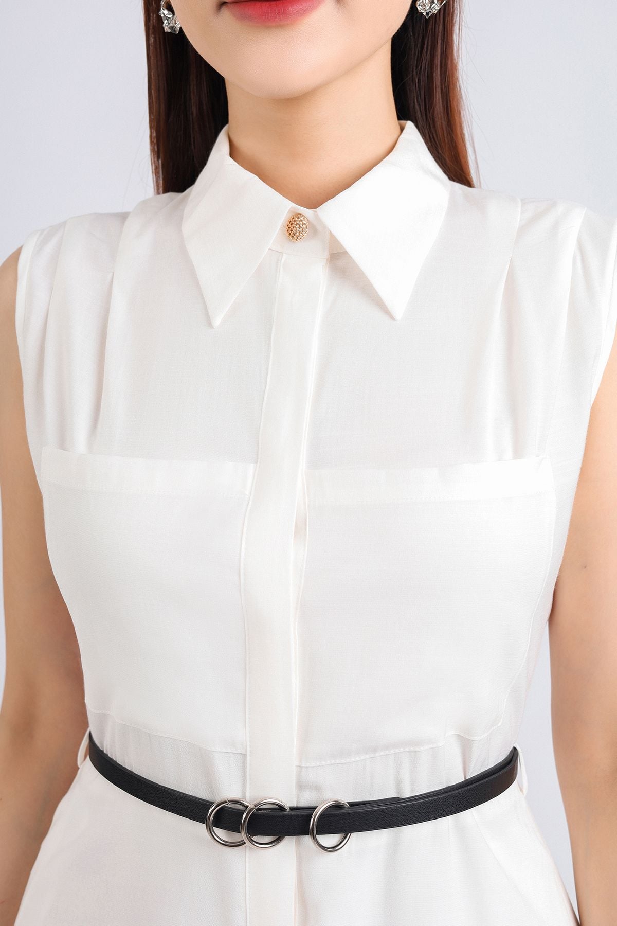 FDC34077 - Đầm công sở vải thô dáng xoè dài hai lớp lót habutai cổ đức phối khuy trang trí vai xếp ly cài khuy thân trước - PANTIO