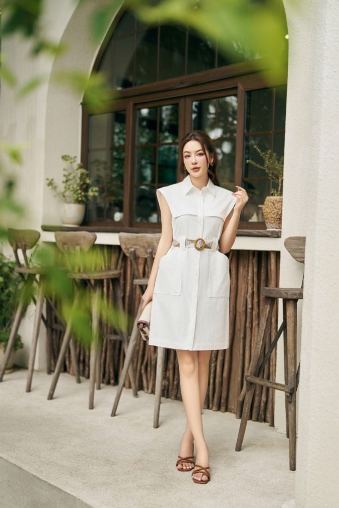 FDC34098 - Đầm công sở vải thô kaki dáng suông có lót habutai cổ đức vai chờm kèm thắt lưng cói tạo kiểu - PANTIO