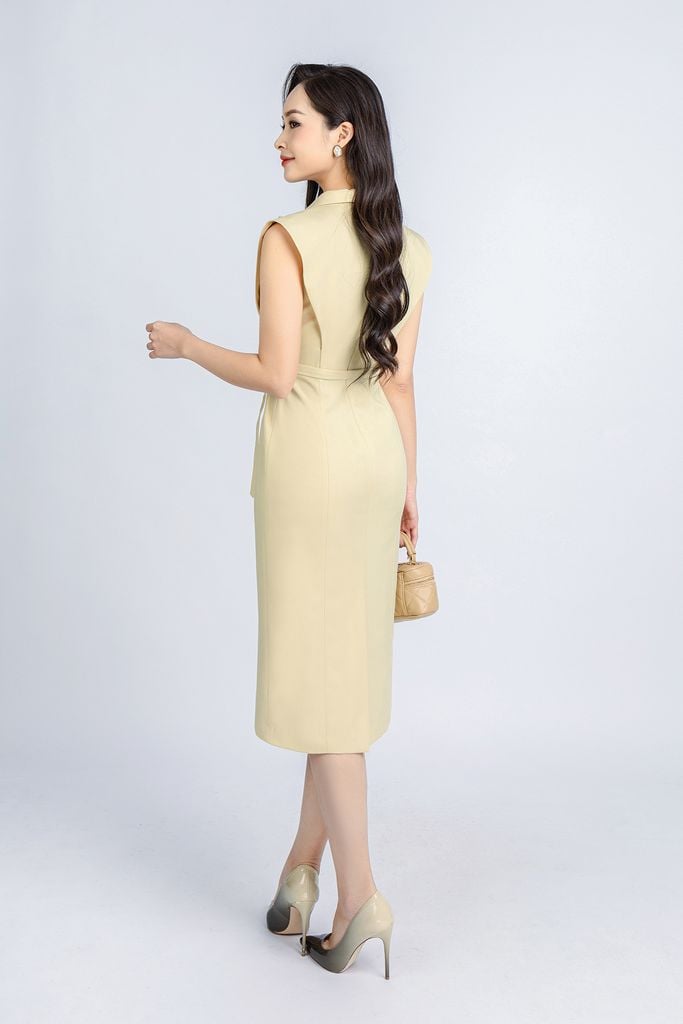 FDC34104 - Đầm công sở vải tuytsi dáng ôm có lót vải habutai cổ vest kèm đai tạo kiểu khoá thân sau - PANTIO
