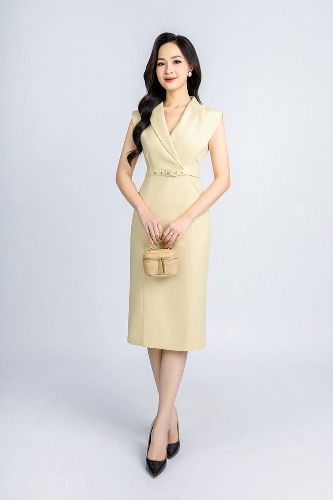 FDC34104 - Đầm công sở vải tuytsi dáng ôm có lót vải habutai cổ vest kèm đai tạo kiểu khoá thân sau - PANTIO